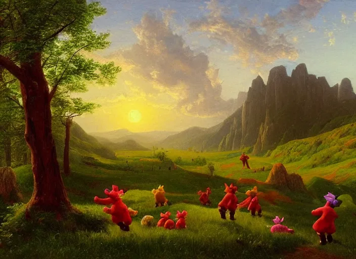 Image similar to american realist romanticism landscape painting of teletubbies in the style of hudson river school and thomas cole and albert bierstadt and robert duncanson