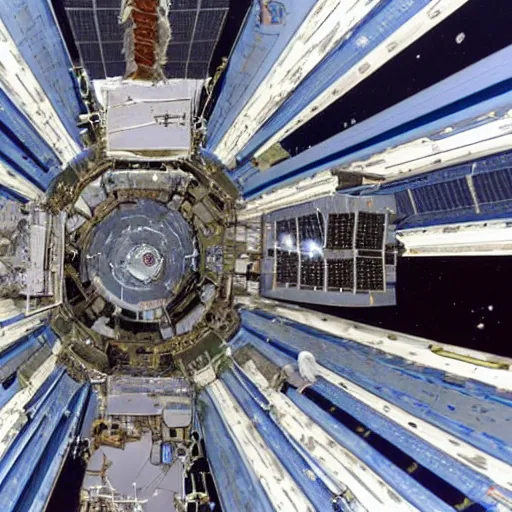 Prompt: A beautiful land art of a spacecraft or space station in Earth's orbit. The space station has a large, central cylindrical section with several smaller attached modules. There are numerous antennae, dishes, and other communications equipment on the station, as well as a few large windows. There appear to be several people inside the station, working at various consoles and terminals. pearlescent by Ernst Ludwig Kirchner soft