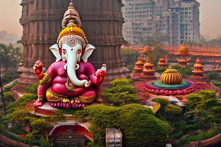 Image similar to beautiful biomorphic new delhi, ganesha!! building, kalighat flowers, octane highly detailed cinematic, stephen shore & john j. park, soft morning light, wide shot, aerial shot, uhd 8 k, shallow depth of field