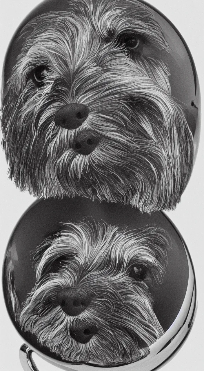 Image similar to self - portrait of a havanese dog reflected in a chrome sphere, by m c escher pen and paper