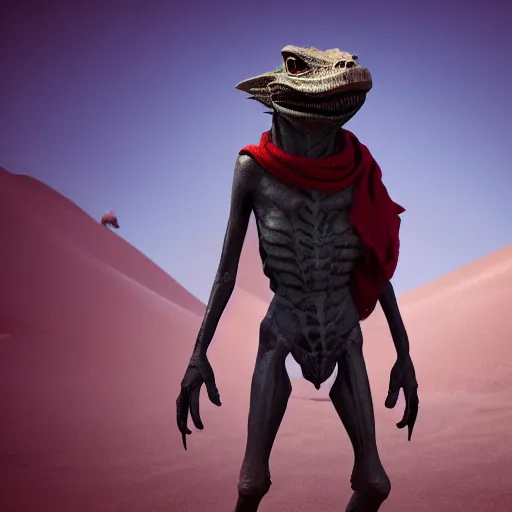 Prompt: anthro lizard alien hybrid standing on two legs, wearing a scarf, desert nomad, concept art, trending artstation, apocalyptic, volumetric lighting, octane render.