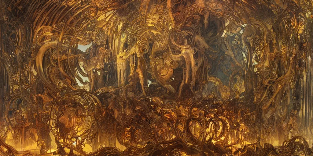 Prompt: ancient temple made of ribs and spines and teeth, gold ram horns, copper goat skulls, grand imposing powerful sculpture. swirls of mist. sunrise, intense light beams, lens flare. occult photorealism, uhd, amazing depth, volumetric lighting, cinematic lighting. epic landscape. alphonse mucha.