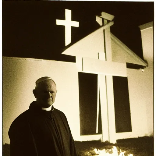 Image similar to photograph of john paul ii standing outside the entrance to a small burning church with a cross on its roof, night, black