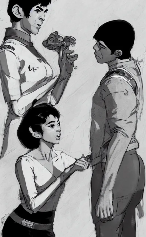 Image similar to Celia Rose Gooding as Uhura and Ethan Peck as Spock caught about to kiss, surprise, cute, innocent, soft lighting, standing in a starbase bar, In style of Yoji Shinkawa, wojtek fus, by Makoto Shinkai, concept art, highly detailed