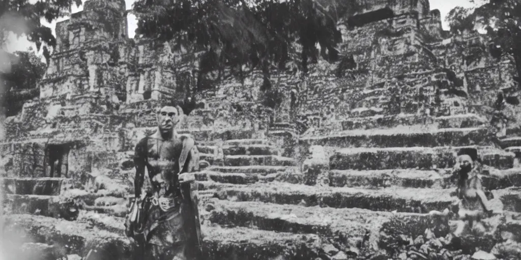 Image similar to black and white old 1 9 3 0 s damaged polaroid photo of a real alien with mayans in the ruins of tikal