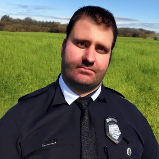 Image similar to clean - shaven chubby 3 4 year old caucasian man from uk wearing black police sweater and navy necktie and black trousers and black boots and police helmet. he is standing in a field.