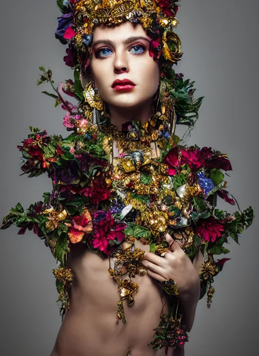 Image similar to full body environmental portrait photo of a young and beautiful female model, ornate headpiece made from flowers, ornaments, glamour shot by gemmy woud - binnendijk, chris knight, photorealistic, canon r 3, fashion photography, ornate, symmetrical features, octane render, unreal engine, solid dark background, clamp shell lighting, rim lighting