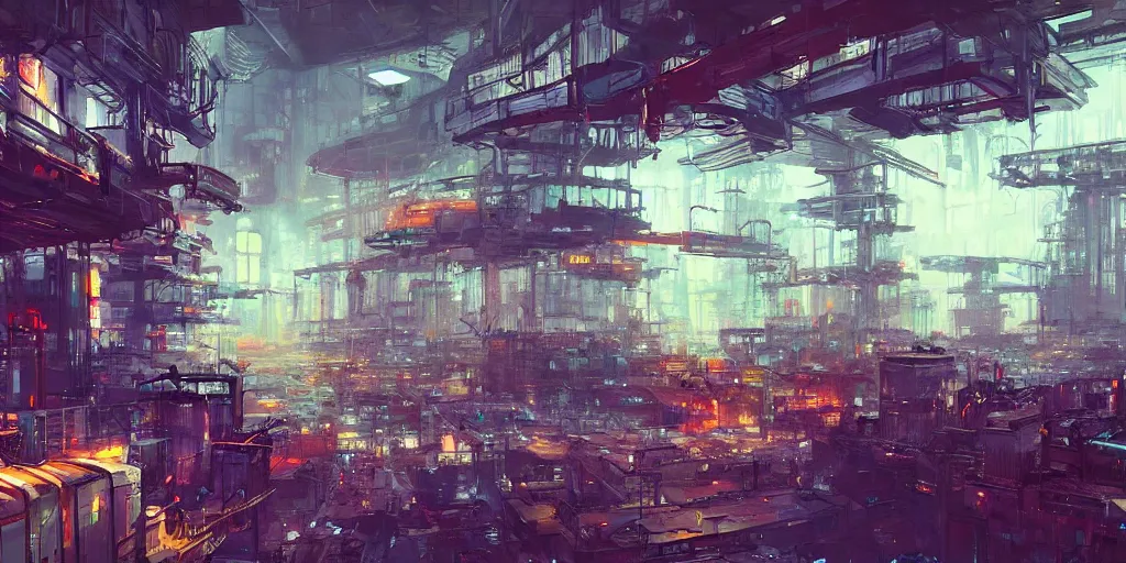 Image similar to concept art of a cyberpunk factory filled with drone workers, grimy, gritty, blade runner 2 0 4 9, trending on artstation, award winning painting, cgi, art by john berkey and anton fadeev and john howe and simon stalenhag