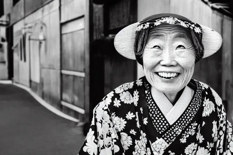 Prompt: still photo of a japanese old woman smiling at the camera wearing a kimono on a street, black and white color aesthetic, highly detailed, photorealistic portrait, bright studio setting, studio lighting, crisp quality and light reflections, unreal engine 5 quality render