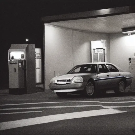 Prompt: a cinestill photography, it's night, the city is quiet, a car is parked at the last gas station at the edge of town, in the darkness eyes watch us, cinestill 800