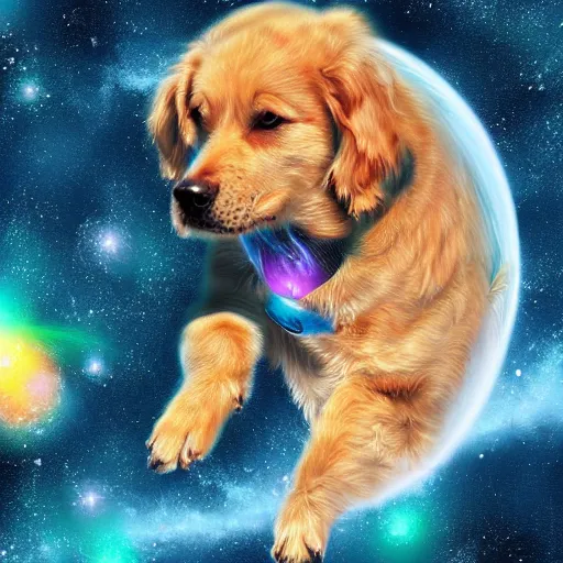 Prompt: digital painting of dog floating and pooping in space, nebula background, beautiful, hyper detailed