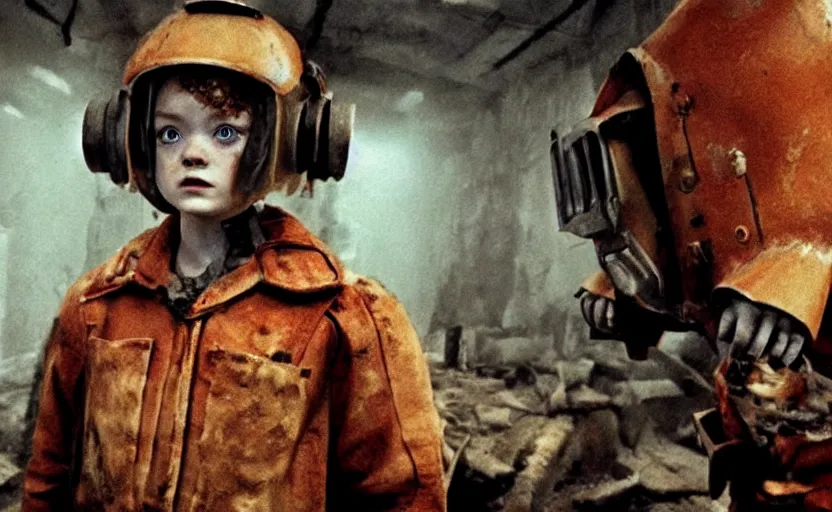 Image similar to a machine monster chases sadie sink dressed as a miner : a still from a scifi soviet cyberpunk film from 1 9 8 0 s. by steven spielberg and james cameron. 6 5 mm low grain film stock. sharp focus, realistic facial expression, perfect anatomy, cinematic atmosphere, detailed and intricate environment, trending on artstation