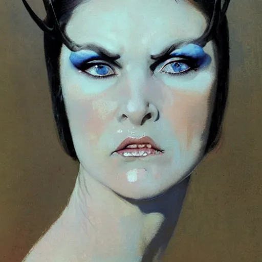 Image similar to Frontal portrait of a sneering bald woman with horns and icy blue eyes, by Robert McGinnis.