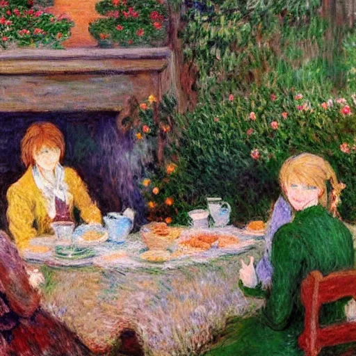 Image similar to harvest moon a wonderful life waifus eating dinner by a fireplace, warm place, tasty - looking food, happy, painted by claude monet
