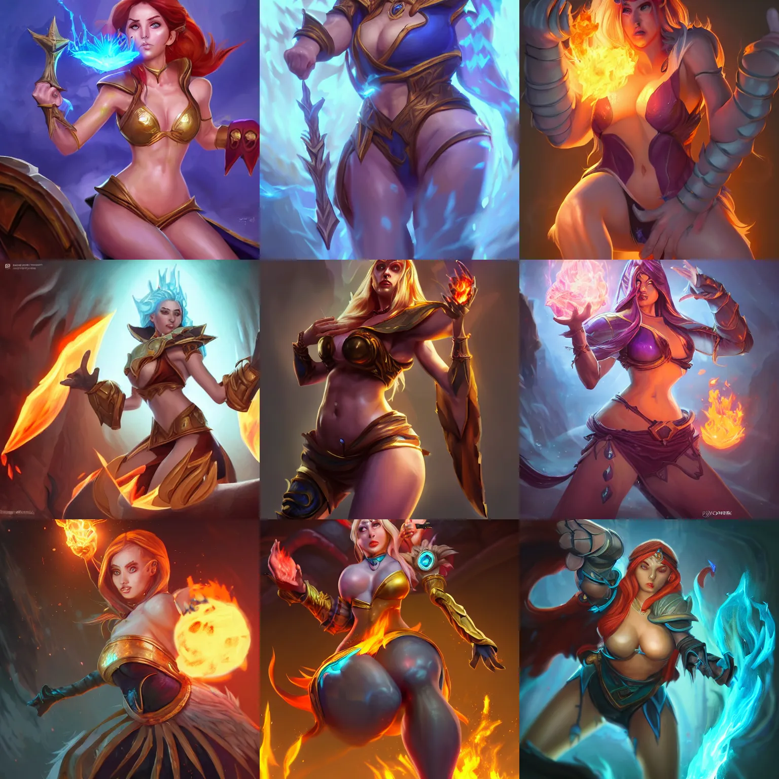 Prompt: The sorceress casting a fire ball, league of legends, tiny abdomen & inflated hips body, deeply well drawned 👀💪💪👐🦵🦵, highly detailed, digital painting, artstation, concept art, smooth, sharp focus, illustration, ArtStation, art by 100% Hearthstone