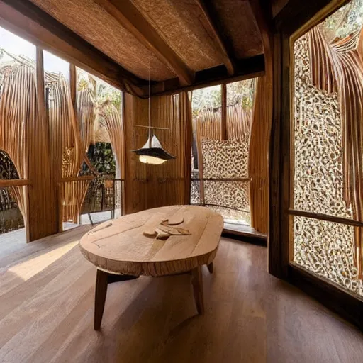 Prompt: casa de madera prefabricadas pequena - cupulas - cristal - foto profesionales - interior - estilo gaudi - cinematografico