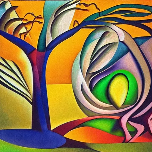 Prompt: woman roots like a tree and belongs to this place, abstract art in the style of cubism and georgia o keefe,