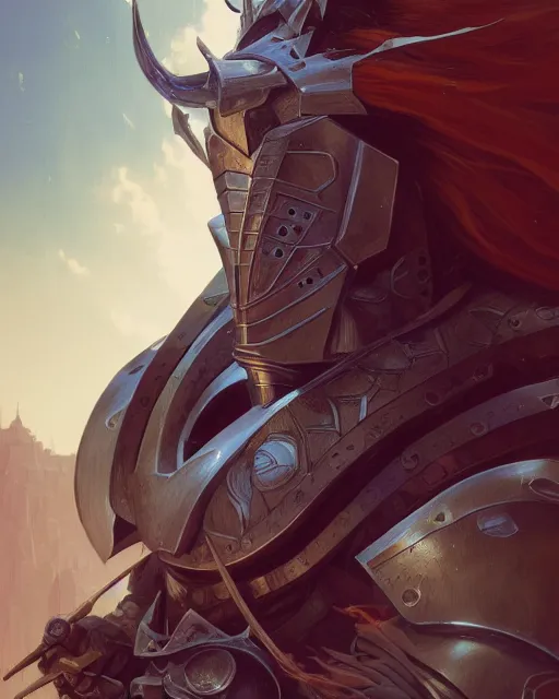 Image similar to highly detailed vfx portrait of a fantasy knight, stephen bliss, unreal engine, greg rutkowski, loish, rhads, beeple, makoto shinkai and lois van baarle, ilya kuvshinov, rossdraws, tom bagshaw, alphonse mucha, global illumination, detailed and intricate environment