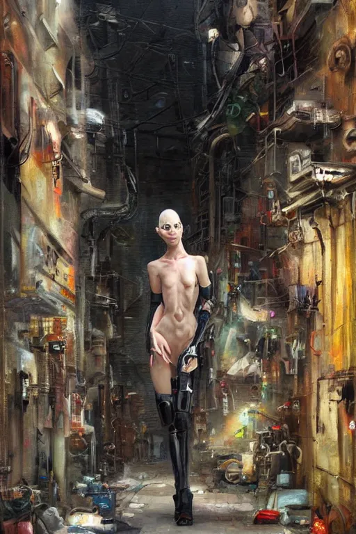 Image similar to a cyborg!! sphynx cat!!, in a cyberpunk alleyway by daniel gerhartz