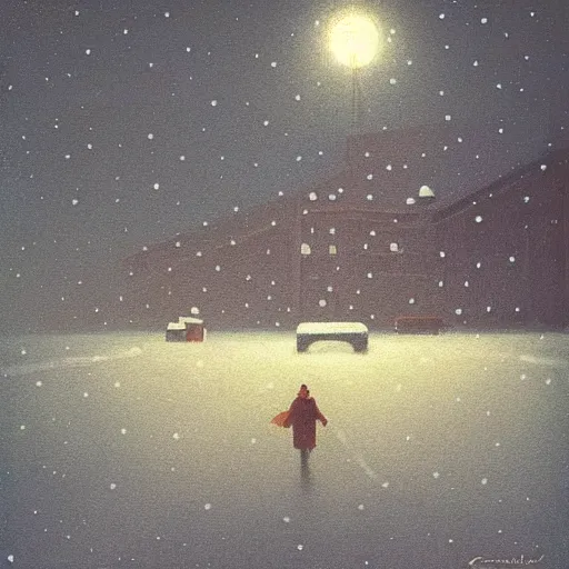 Prompt: painting by Quint Buchholz, atmospheric cozy sovietpunk 8 story tall communal housing in the middle of a severe russian forest at night, sodium lamp illumination, snow falling, night time, night sky, deep night sky, by Quint Buchholz