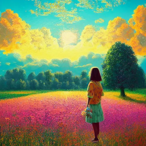 Image similar to girl with one flower afro, standing in a field with flowers, hills, big trees, sunrise dramatic light, impressionist painting, colorful clouds, digital painting, pointillism, artstation, simon stalenhag