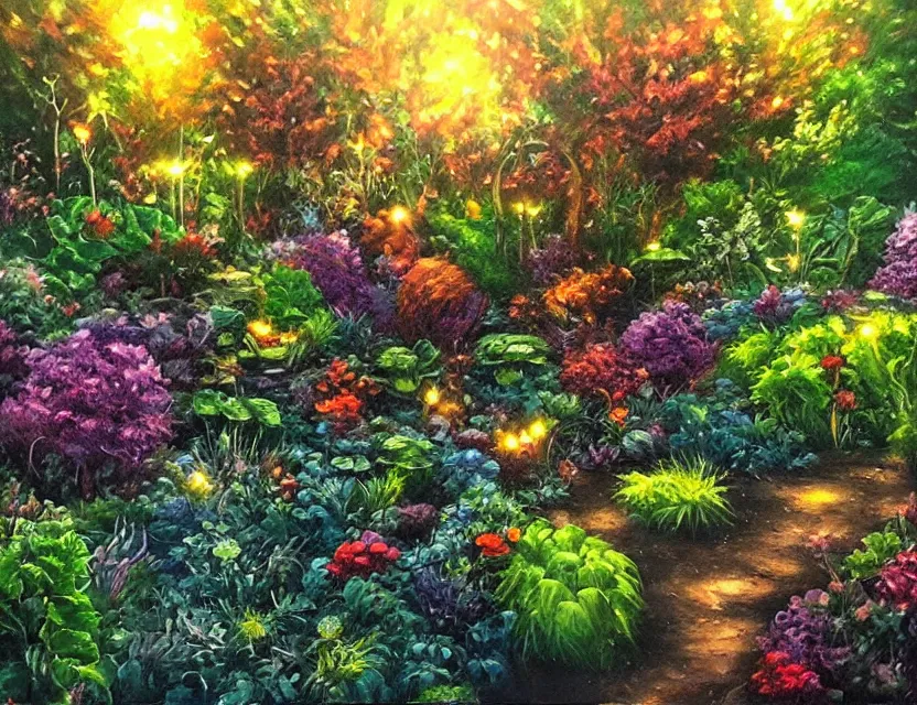 Prompt: metallic garden. oil painting by award - winning comic artist. backlighting, chiaroscuro, depth of field, luminescent colors.