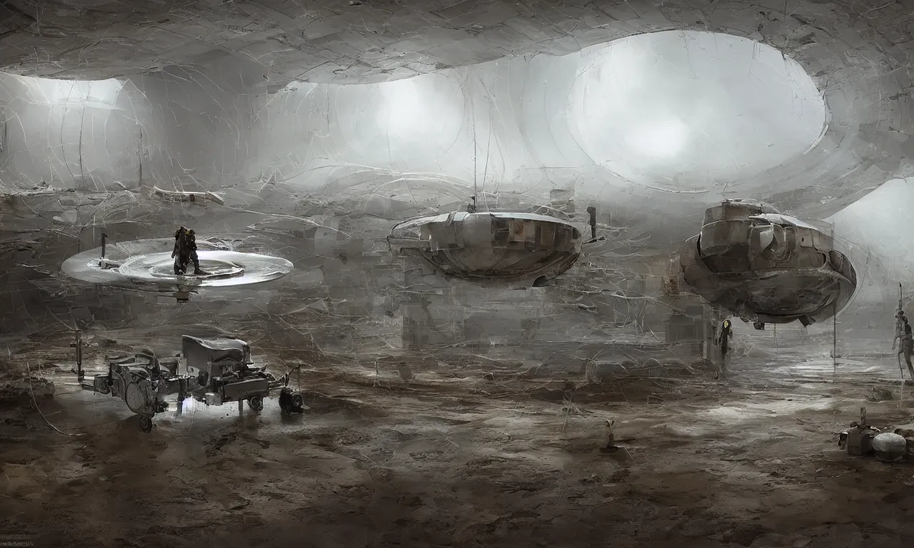 Image similar to engineer repairs special flying saucer full of modern military equipment, in the hall of area 55, high detail, ground fog, wet reflective ground, saturated colors, by Darek Zabrocki, render Unreal Engine