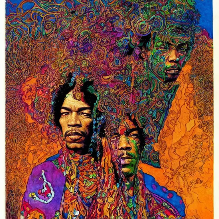 Image similar to colorfull artwork by Franklin Booth and Mati Klarwein showing a portrait of Jimi Hendrix as a futuristic space shaman