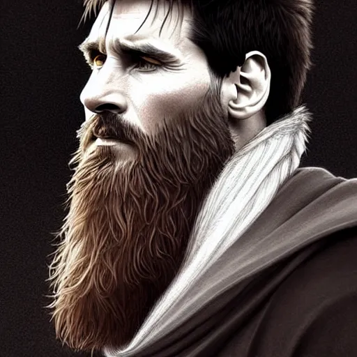 Image similar to Lionel Messi with a majestic beard, closeup, D&D, fantasy, intricate, elegant, highly detailed, digital painting, artstation, concept art, matte, sharp focus, illustration, art by Artgerm and Greg Rutkowski and Alphonse Mucha