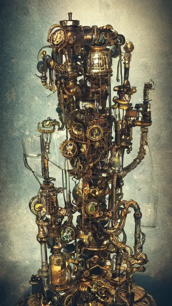 Prompt: steampunk water bong placed in the center of abandoned post Apocalyptic fututre cyberpunk city, cannabis, ornate, intricate, emitting light ornaments, glowing gems, artstation