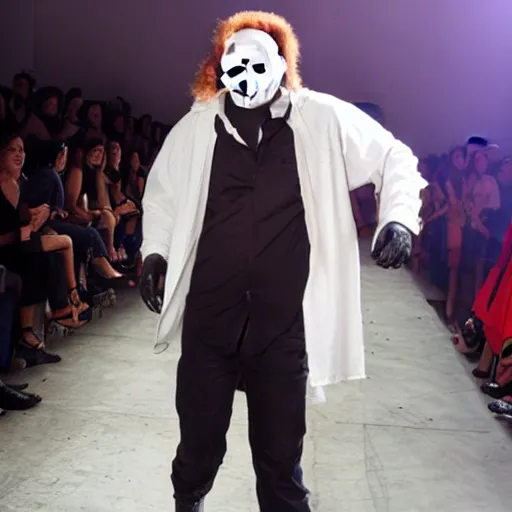 Image similar to Michael Myers walks the runway at a fashion show