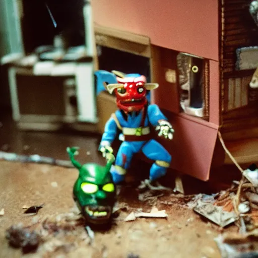 Image similar to joe biden, master splinter holding a megazord battling krang inside abandoned dollhouse, 35mm film