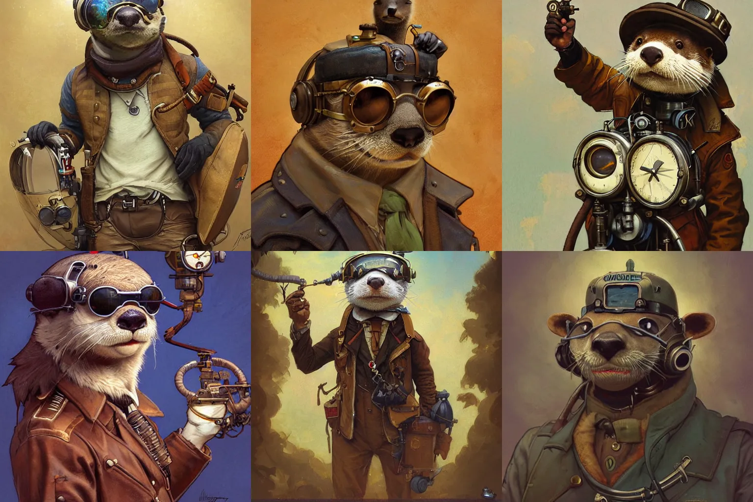 Prompt: anthropomorphic otter steampunk aviator pilot. Renowned character illustration by greg rutkowski, thomas kindkade, alphonse mucha, loish, norman rockwell. Trending on artstation. Digital Art.