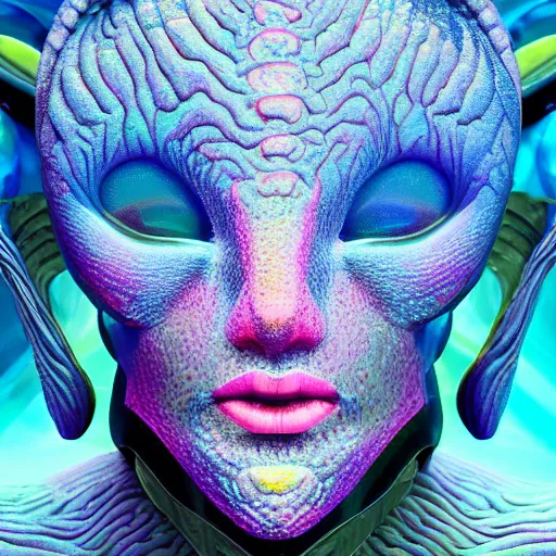 Prompt: Face of a Alien Deity, corals, plume made of geometry, extremly detailed digital painting, sharp focus in the style of android jones, artwork of a futuristic artificial intelligence superstar, mystical colors, rim light, beautiful lighting, 8k, stunning scene, raytracing, octane, under water visual distortion, dark tones colors, trending on artstation