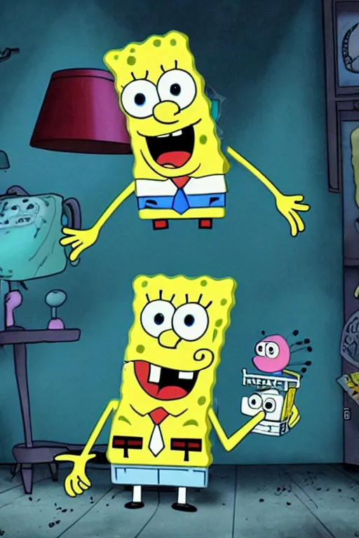 Prompt: spongebob as ghost in horror movie, uhd, arstation, 4 k, detail, ultra realistic, art by jacqueline e, color by tafy laplanche, background by bo feng lin