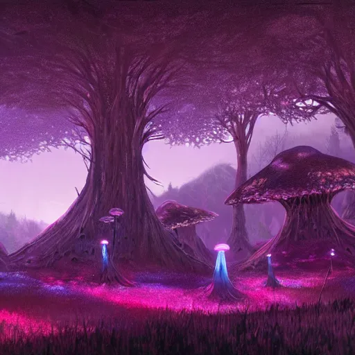 Image similar to concept art painting of a fantasy alien fungal landscape at night, magenta trees, glowing blue mushrooms, village of houses made of mushrooms, dark purple sky, realistic, detailed, cel shaded, in the style of makoto shinkai and greg rutkowski and albert bierstadt and james gurney