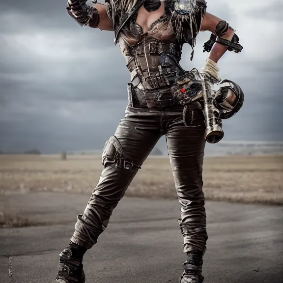 Image similar to full length photo of a very beautiful female atompunk warrior, 8 k, hdr, smooth, sharp focus, high resolution, award - winning photo