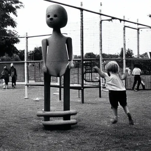 Prompt: 1 9 7 0 s black and white horror picture of a playground with children playing, but with a creepy figure in the background