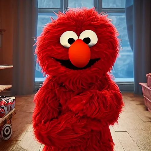 Prompt: elmo using a child as a hand puppet, playful scene, unreal engine, realistic, highly detailed fur, 8 k