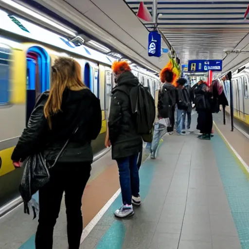 Prompt: people of rer b, subway, vivid atmosphere, happy mood