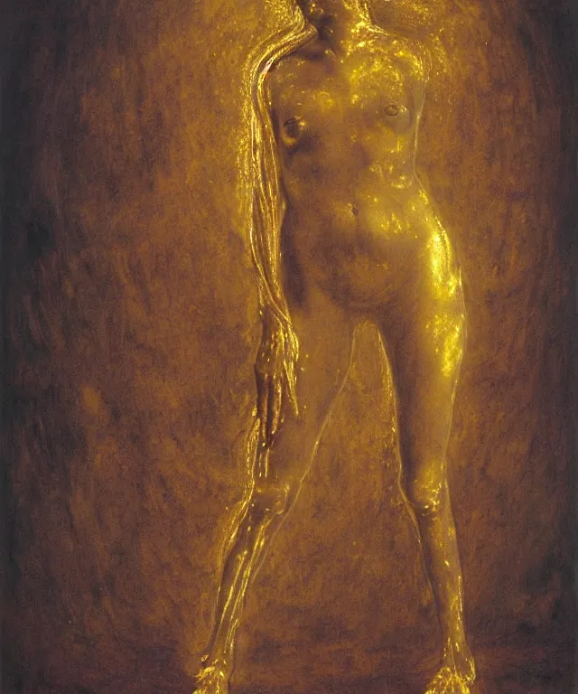 Image similar to Beautiful full-body wax sculpture of glowing transparent woman in glowing cloth with visible gold bones covered with melted white wax inside the singularity where stars becoming baroque folds of dark matter by Michelangelo da Caravaggio, Nicola Samori, William Blake, Alex Grey and Beksinski, dramatic volumetric lighting, highly detailed oil painting, 8k, masterpiece