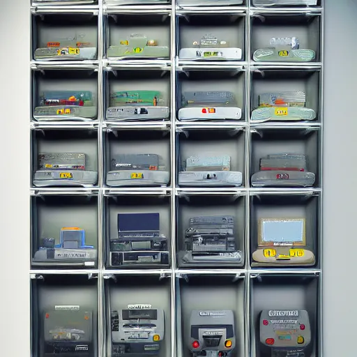 Image similar to Gameboy collection in a display case on a futuristic spaceship