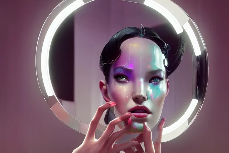 Prompt: beautiful female android, putting on makeup in front of a bathroom mirror, cinematic, black and white movie, highly detailed vfx, global illumination. by james jean and moebius and artgerm and liam brazier and victo ngai and tristan eaton.