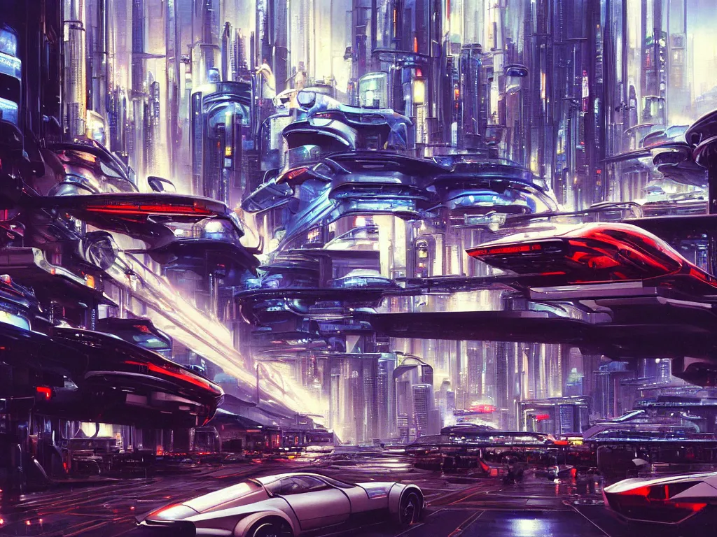 Prompt: hyperrealistic painting of a slice of life from a futuristic city, mechanical designs, futuristic vehicles, technological, night, elegant, cinematic, cyberpunk style, highly detailed!, realism, intricate, acrylic on canvas, 8 k resolution, concept art, by noriyoshi ohrai, john berkey