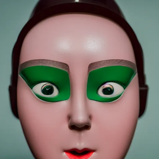 Prompt: minimalist photography portrait of a female porcelain robot with a tiny mouth, no lips, symmetrical, super close up, mid thirties, cute round green slanted eyes, porcelain skin, wide nostrils, chubby cheeks, high flat eyebrows, ethereal essence, angelic, leica 1 0 0 mm f 0. 8