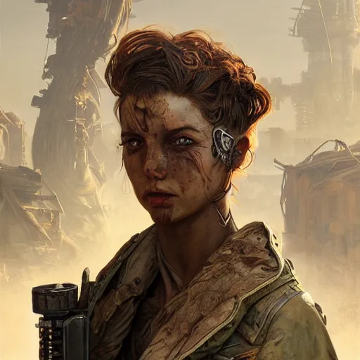 Image similar to portrait painting of a post apocalyptic human, ultra realistic, concept art, intricate details, eerie, highly detailed, fallout, wasteland, photorealistic, octane render, 8 k, unreal engine 5. art by artgerm and greg rutkowski and alphonse mucha