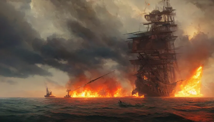 Image similar to A highly detailed matte painting of pirate ship battle in the ocean, pirate ship on fire, huge fire smoke and explosions, by Studio Ghibli, Makoto Shinkai, by Greg Rutkowski, by Artgerm, by beeple, volumetric lighting, octane render, 4K resolution, trending on artstation, masterpiece