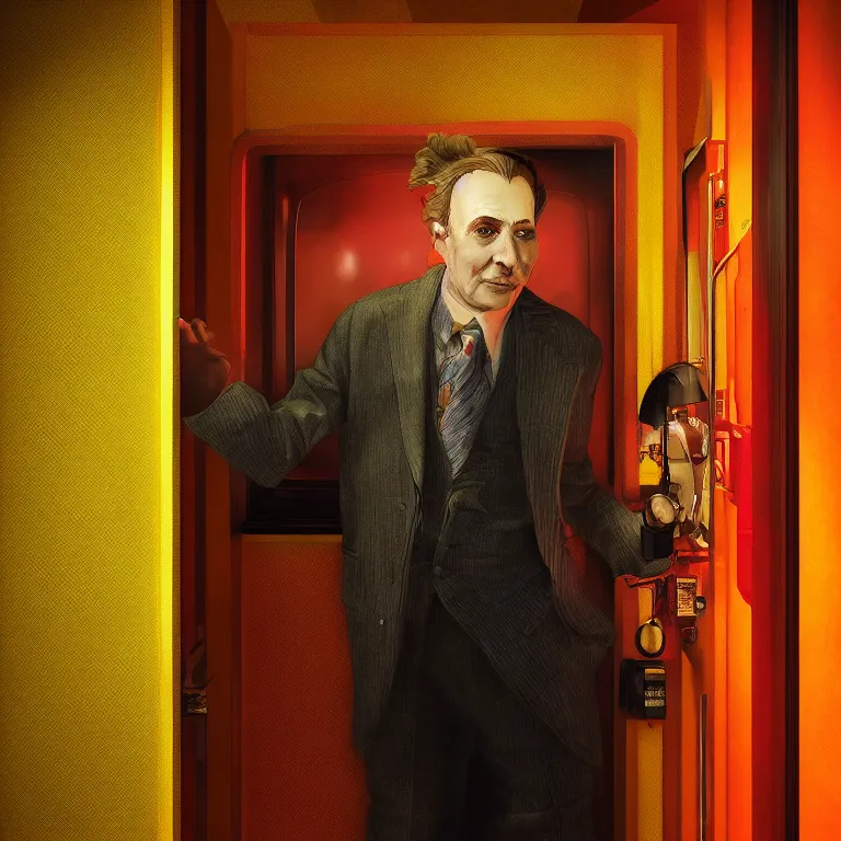 Prompt: professional octane render portrait by wayne barlow and carlo crivelli and glenn fabry, a sinister man in a bright colorful saturated wes anderson elevator operator costume inside a dark and moody vintage elevator in a high - end exotic vintage boutique hotel, very short depth of field, very sharp, high clarity