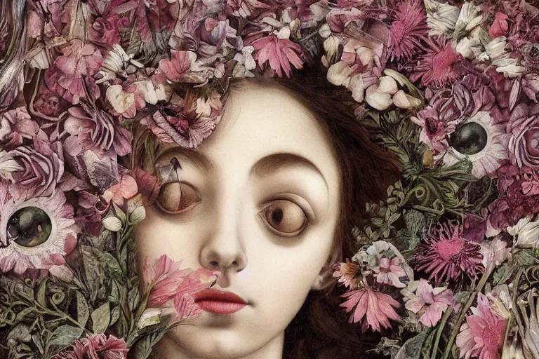 Prompt: a greek goddess dreaming about her mortality, lying on a bed of flowers and bones, large eyes and lips, HD Mixed media collage, depth of field, liminal space, highly detailed and intricate, surreal illustration in the style of Caravaggio, baroque dark art