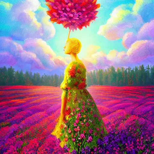 Image similar to girl with giant flower as a face and flower dress, standing in a flower field hills, big trees, sunrise dramatic light, impressionist painting, colorful clouds, digital painting, pointillism, artstation, simon stalenhag